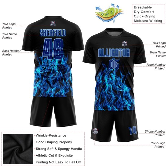 Blue Custom Flame Uniform Sublimation Royal-Light Black Jersey Soccer