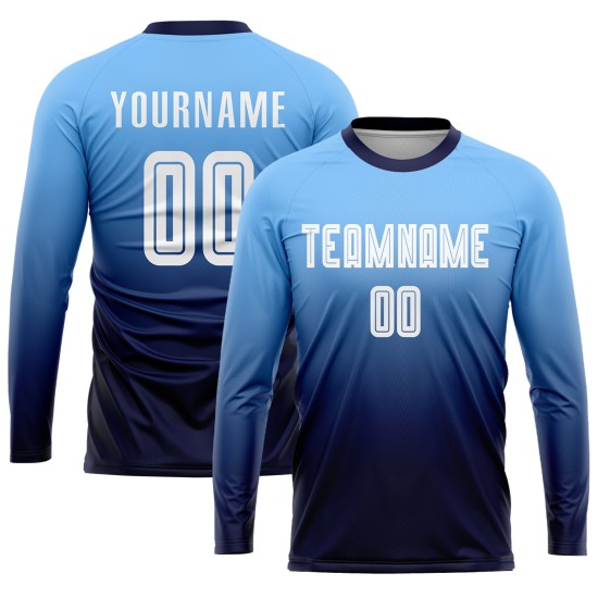 Custom Uniform Sublimation Soccer Blue Jersey White-Navy Light Fashion Fade Custom Uniform Sublimation Soccer Blue Jersey White-Navy Light Fashion Fade