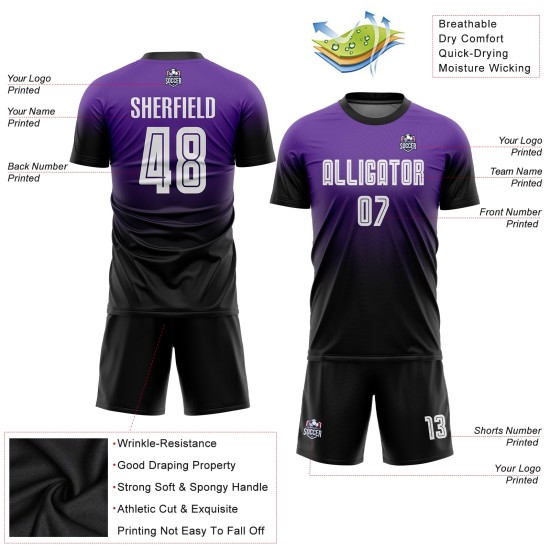 Purple White-Black Soccer Fade Uniform Jersey Custom Fashion Sublimation Purple White-Black Soccer Fade Uniform Jersey Custom Fashion Sublimation