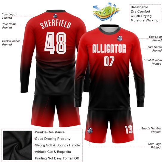Soccer White-Black Red Fade Custom Sublimation Sleeve Fashion Uniform Long Jersey Soccer White-Black Red Fade Custom Sublimation Sleeve Fashion Uniform Long Jersey