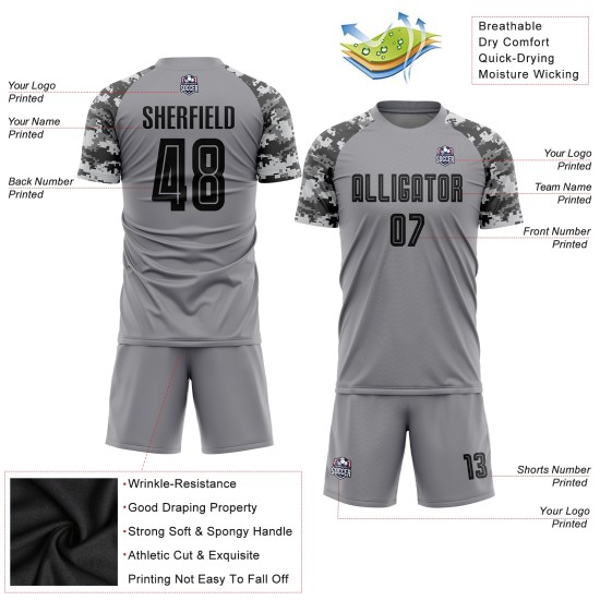 Custom Soccer Black-Camo Gray Jersey Sublimation Uniform
