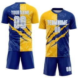 Custom Royal Yellow-Light White Scratch Jersey Blue Pattern Sublimation Soccer Graffiti Uniform Custom Royal Yellow-Light White Scratch Jersey Blue Pattern Sublimation Soccer Graffiti Uniform